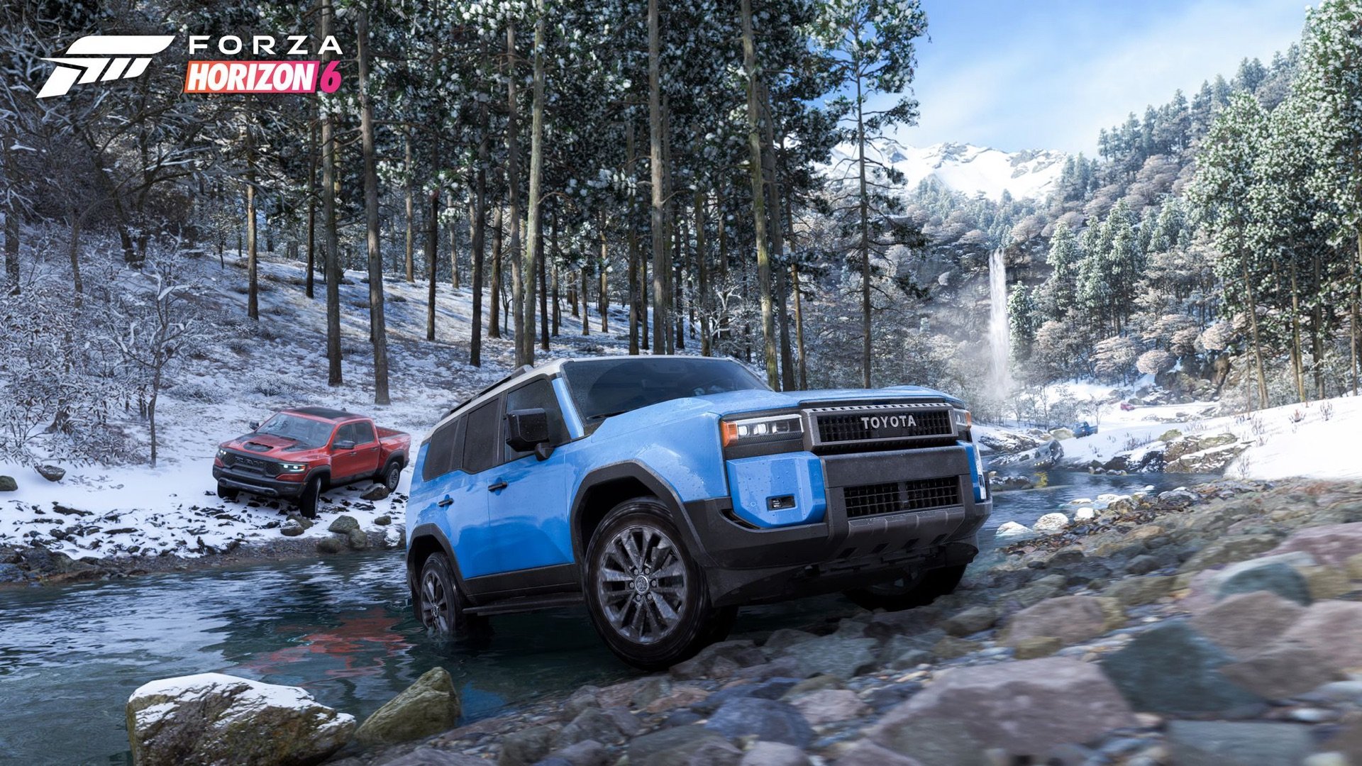 Forza Horizon 6'da karlı bir derede ilerleyen mavi Toyota arazi aracı