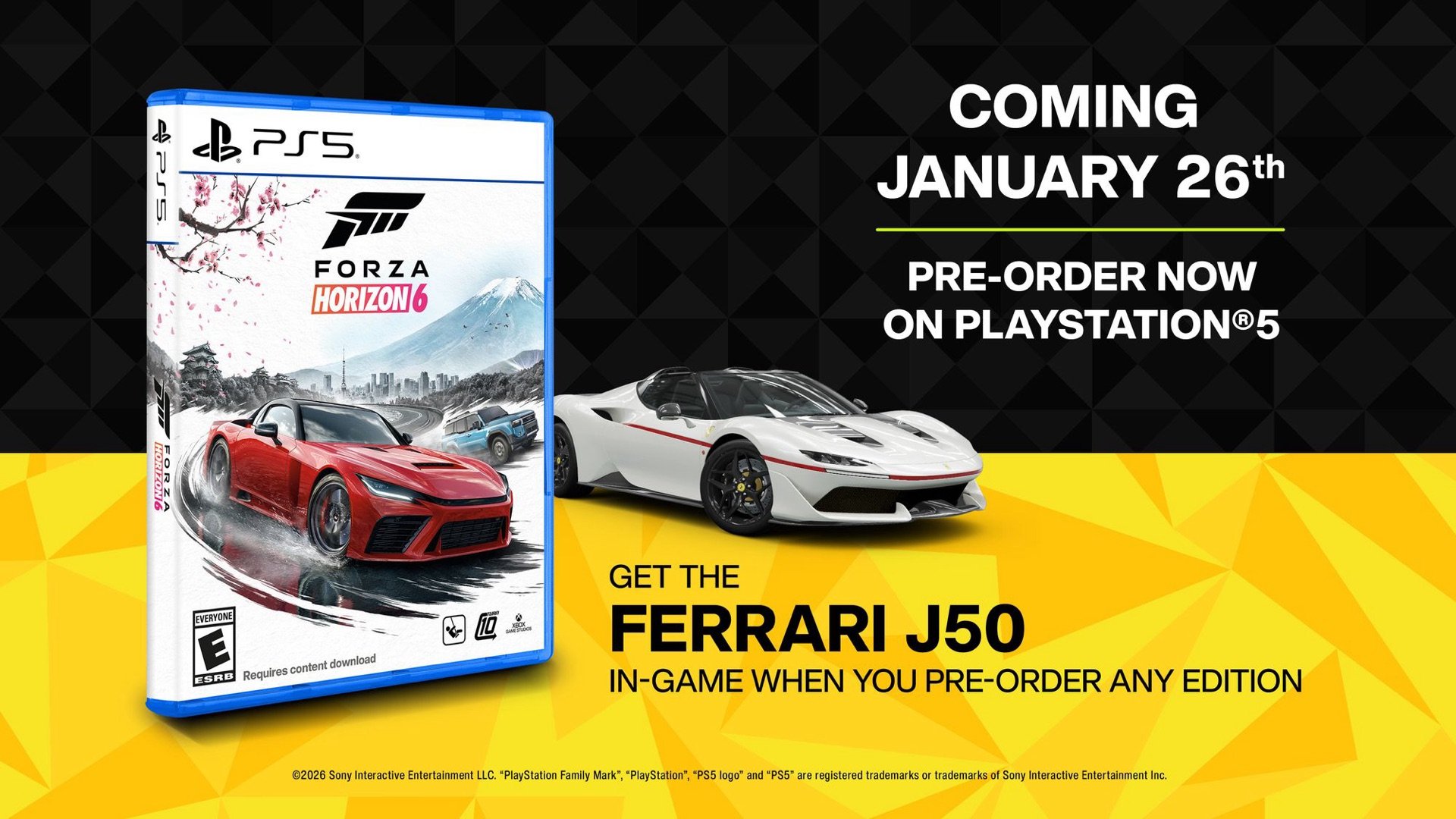 Forza Horizon 6 PS5 kutu kapağı ve ön sipariş hediyesi Ferrari J50