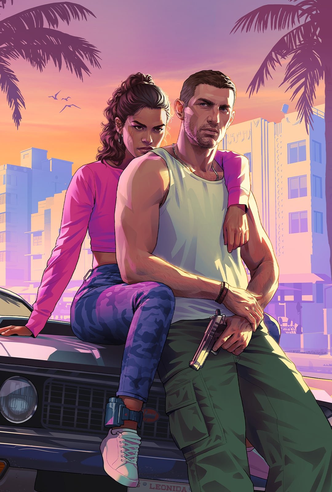 GTA 6 resmi çizimi: Jason ve Lucia gün batımında Vice City sokağında