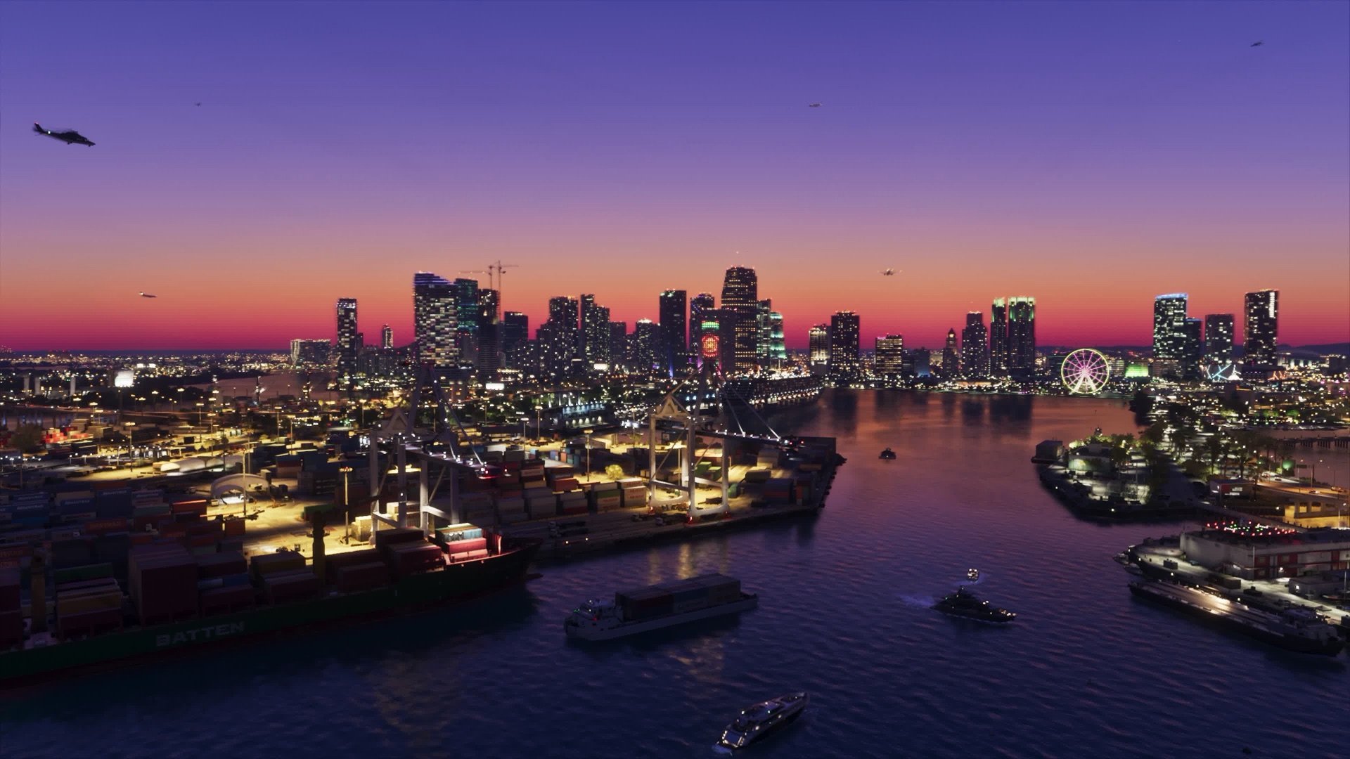 GTA 6'da Vice City'nin gün batımında liman ve gökdelen manzarası