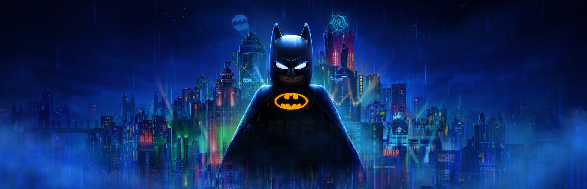 LEGO Batman: Legacy of the Dark Knight resmi görselinde Gotham silueti önünde LEGO Batman