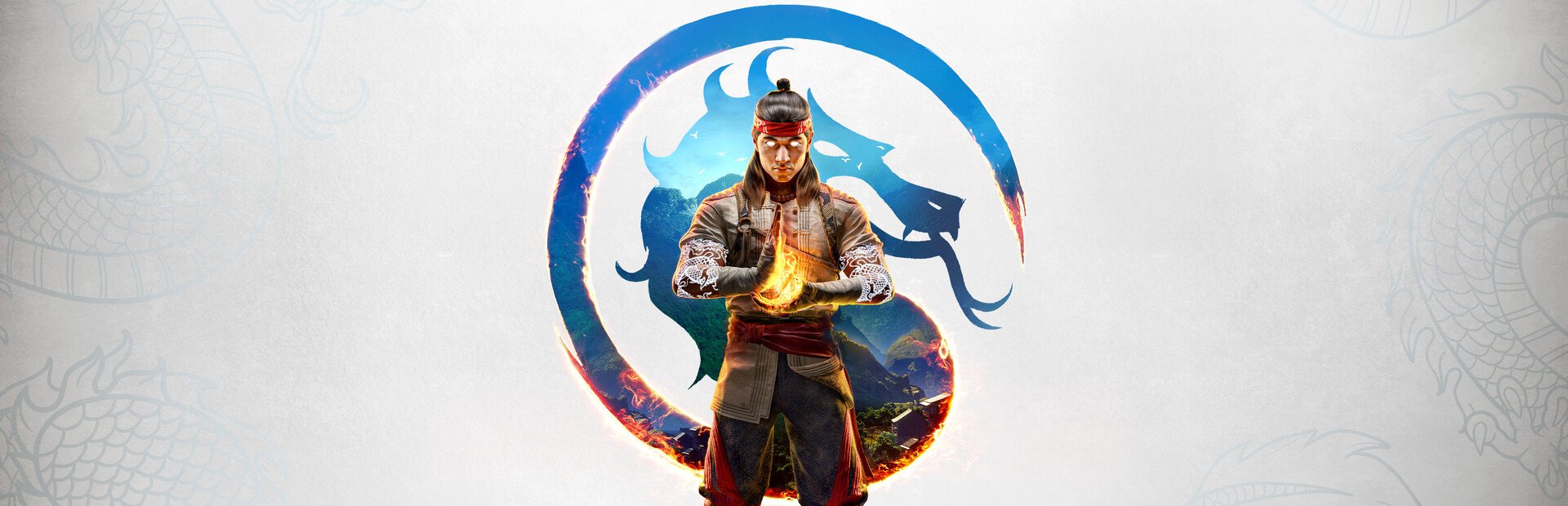 Mortal Kombat 1 resmi görselinde ejderha logosunun önünde Liu Kang