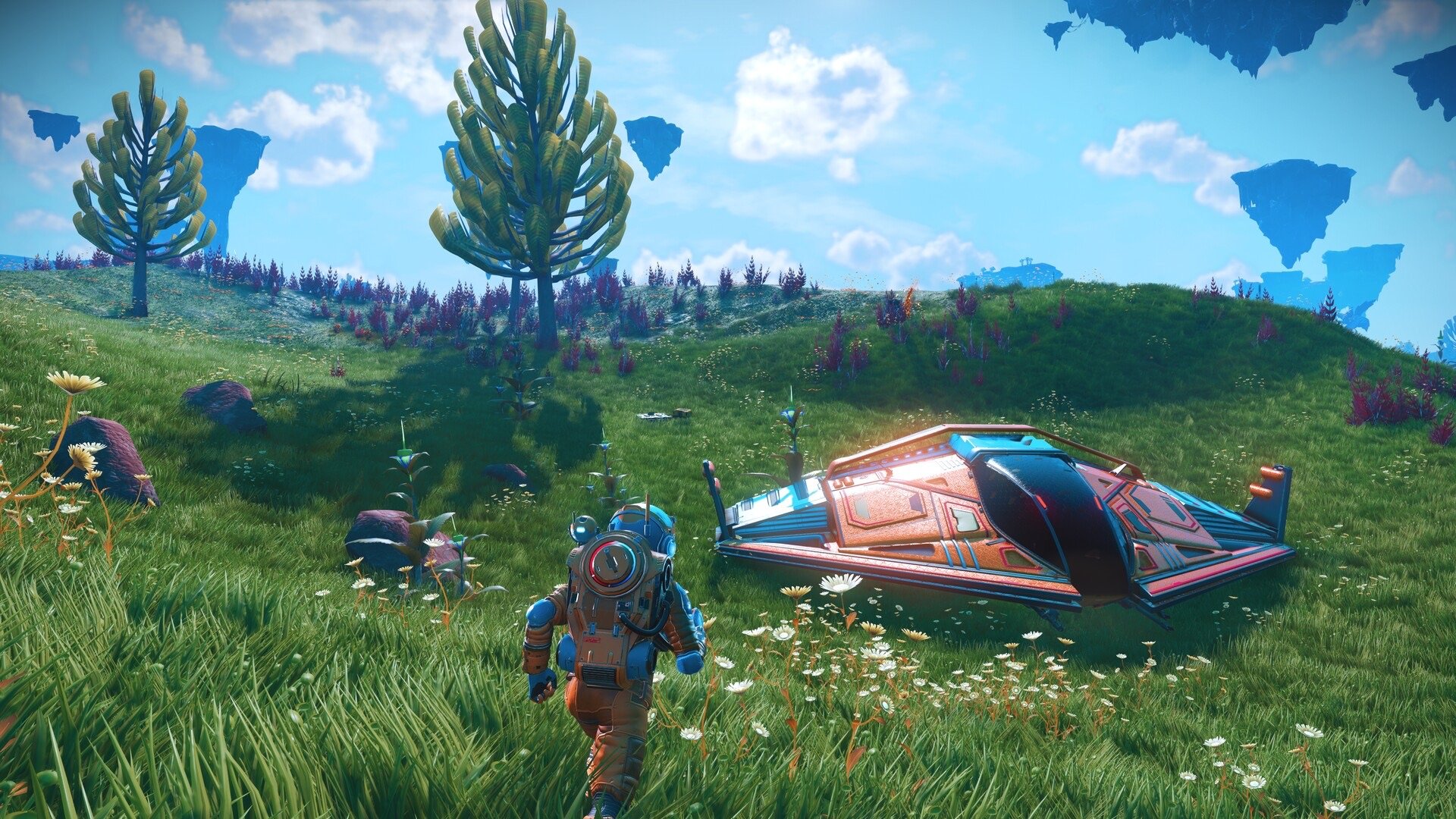 No Man's Sky'da yeşil bir gezegende gemisinin yanında yürüyen astronot