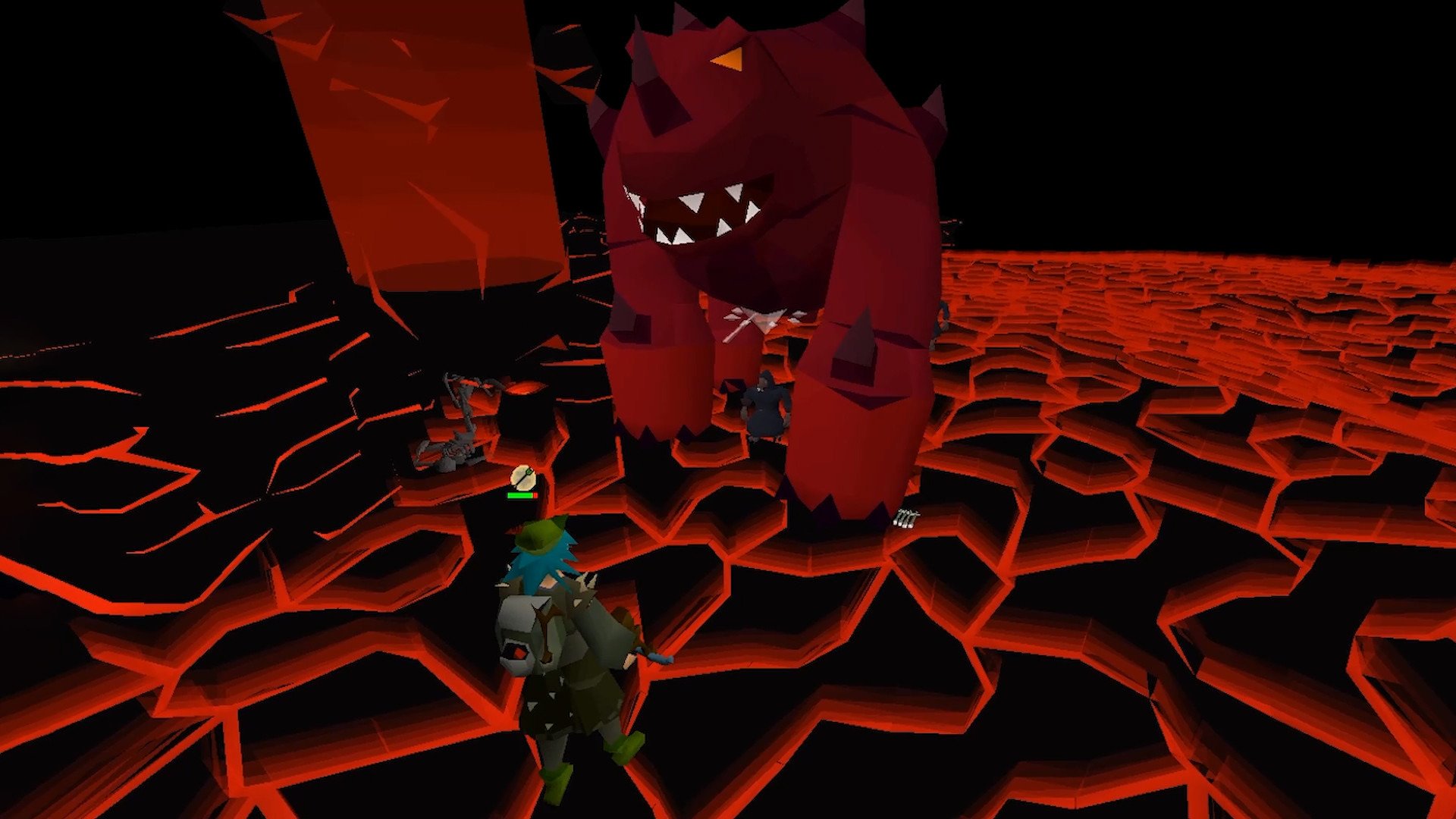 Old School RuneScape'te lav zeminli arenada dev kırmızı yaratığa karşı savaşan oyuncu