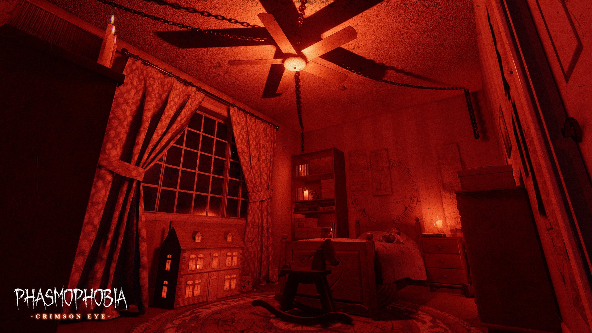 Phasmophobia Crimson Eye etkinliğinde kırmızı ışıkla aydınlanan çocuk odası