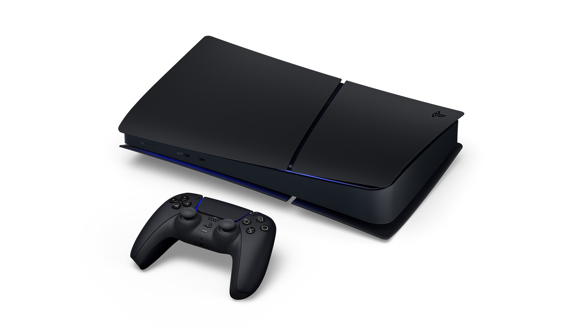 Yatay konumda Midnight Black PS5 Digital Edition ve DualSense kontrolcü