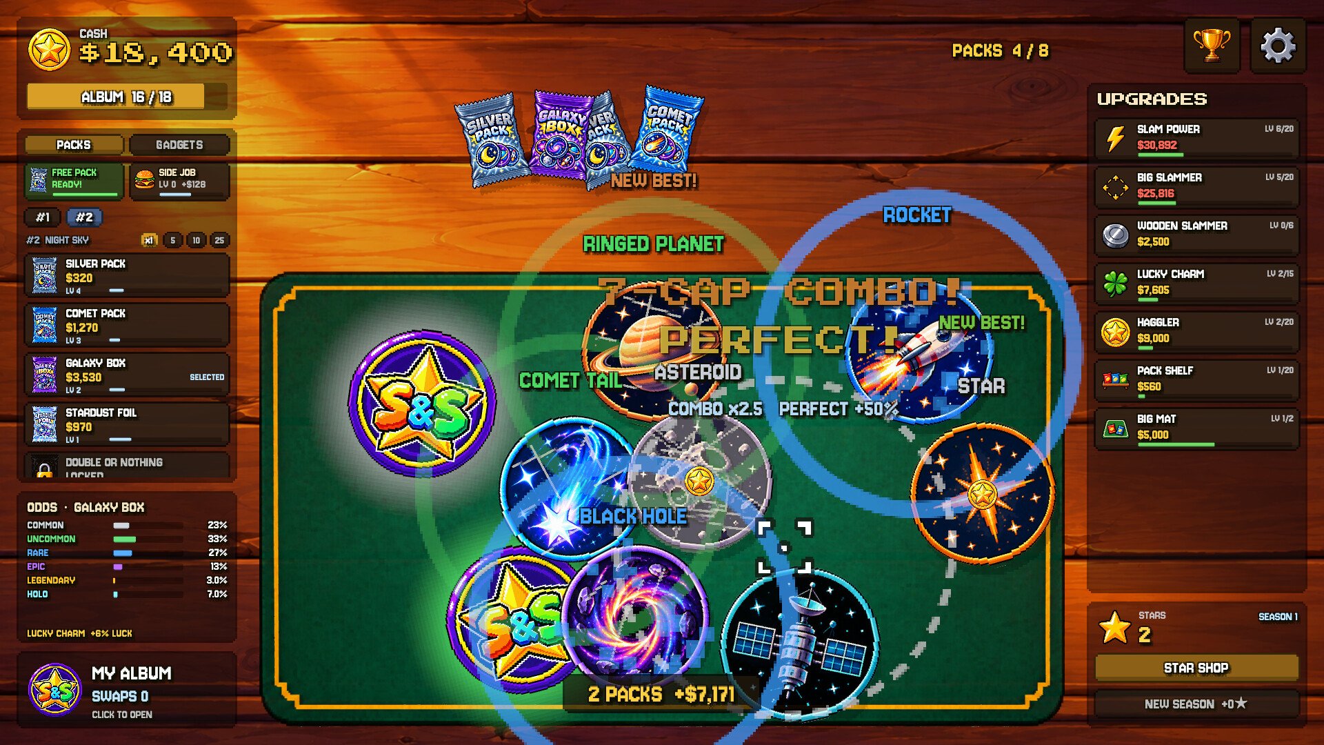 Smash & Stash'te galaksi temalı tasolar ve çoklu kombo