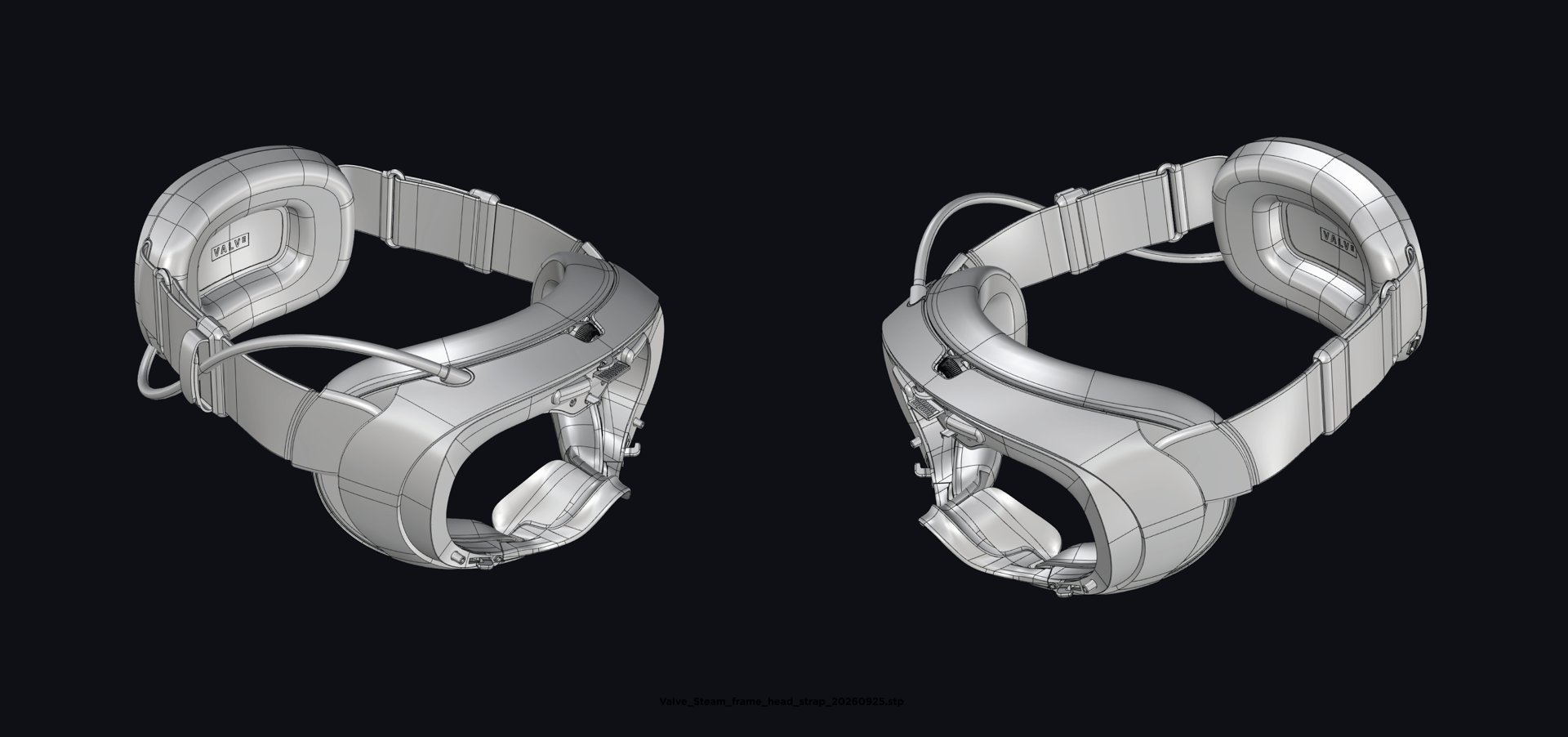 Steam Frame baş bandı CAD modelinin iki açıdan renderı
