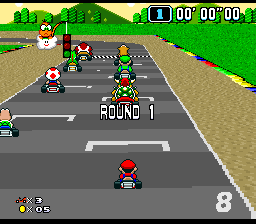 Super Mario Kart tam ekran görünümde başlangıç gridi