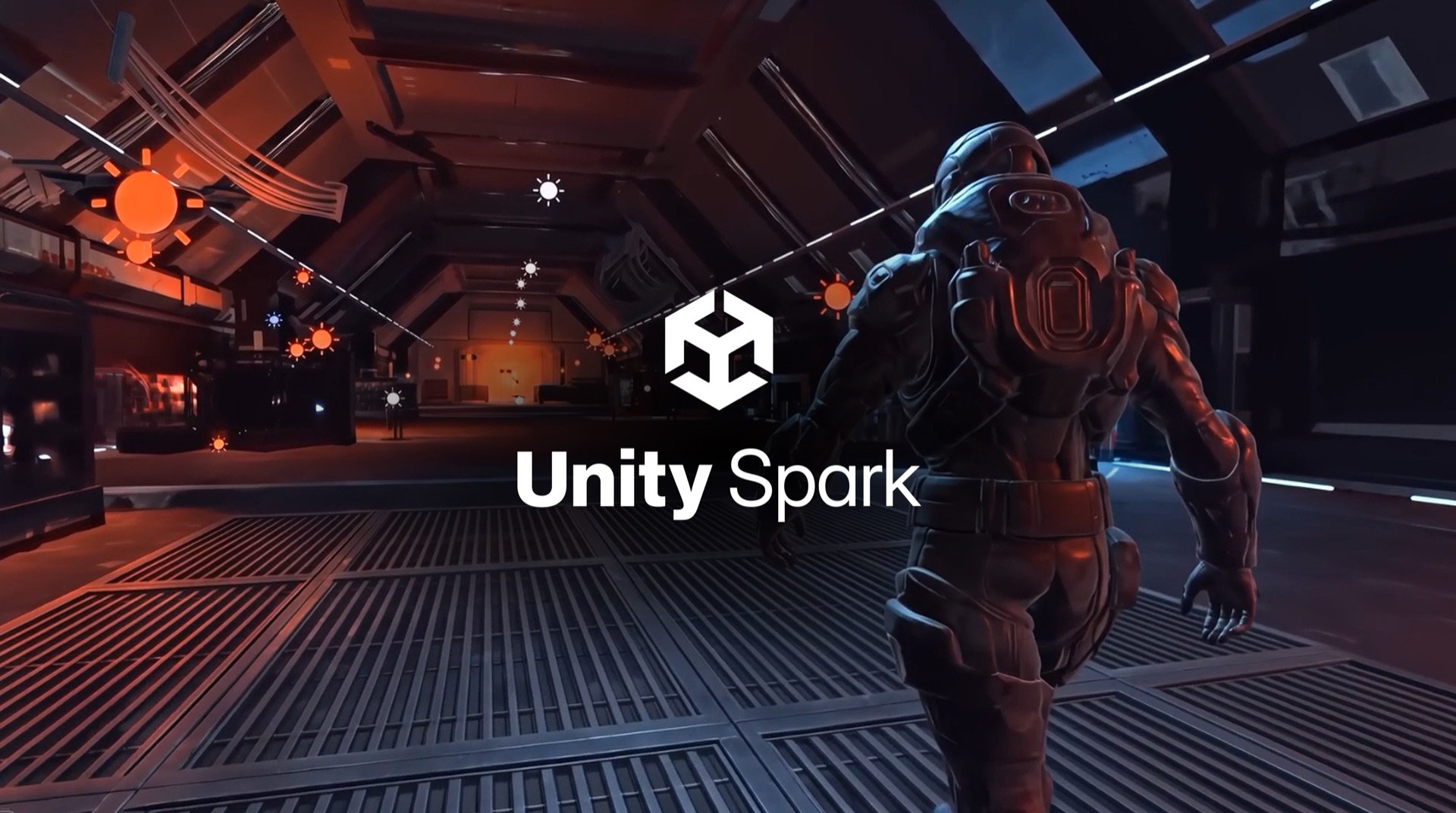 Unity Spark ile yapılmış bilim kurgu koridorunda zırhlı karakter
