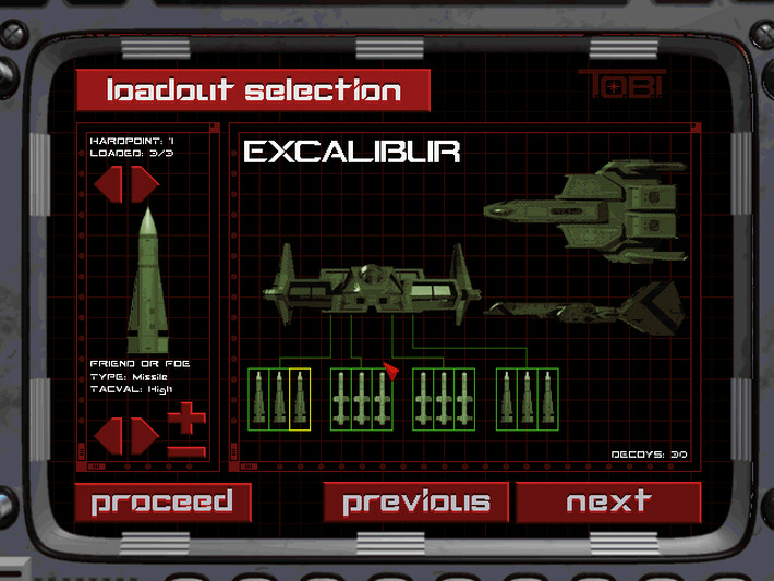 Wing Commander III silah ve yükleme seçimi ekranı