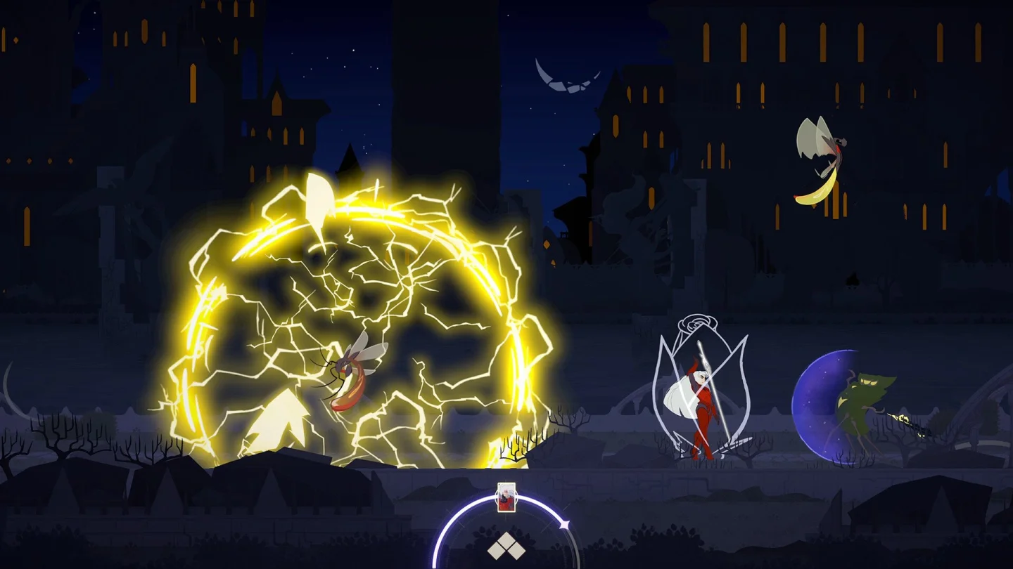At Fate's End'de gece kalesi önünde sarı yıldırım efektiyle geçen savaş sahnesi