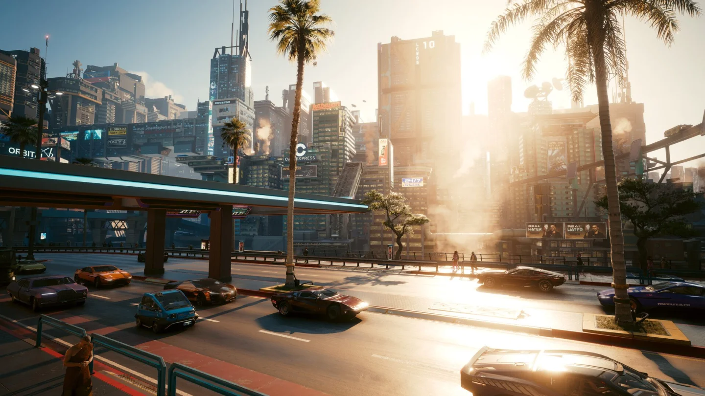 Cyberpunk 2077'de palmiyeli bir Night City caddesinde gün batımı