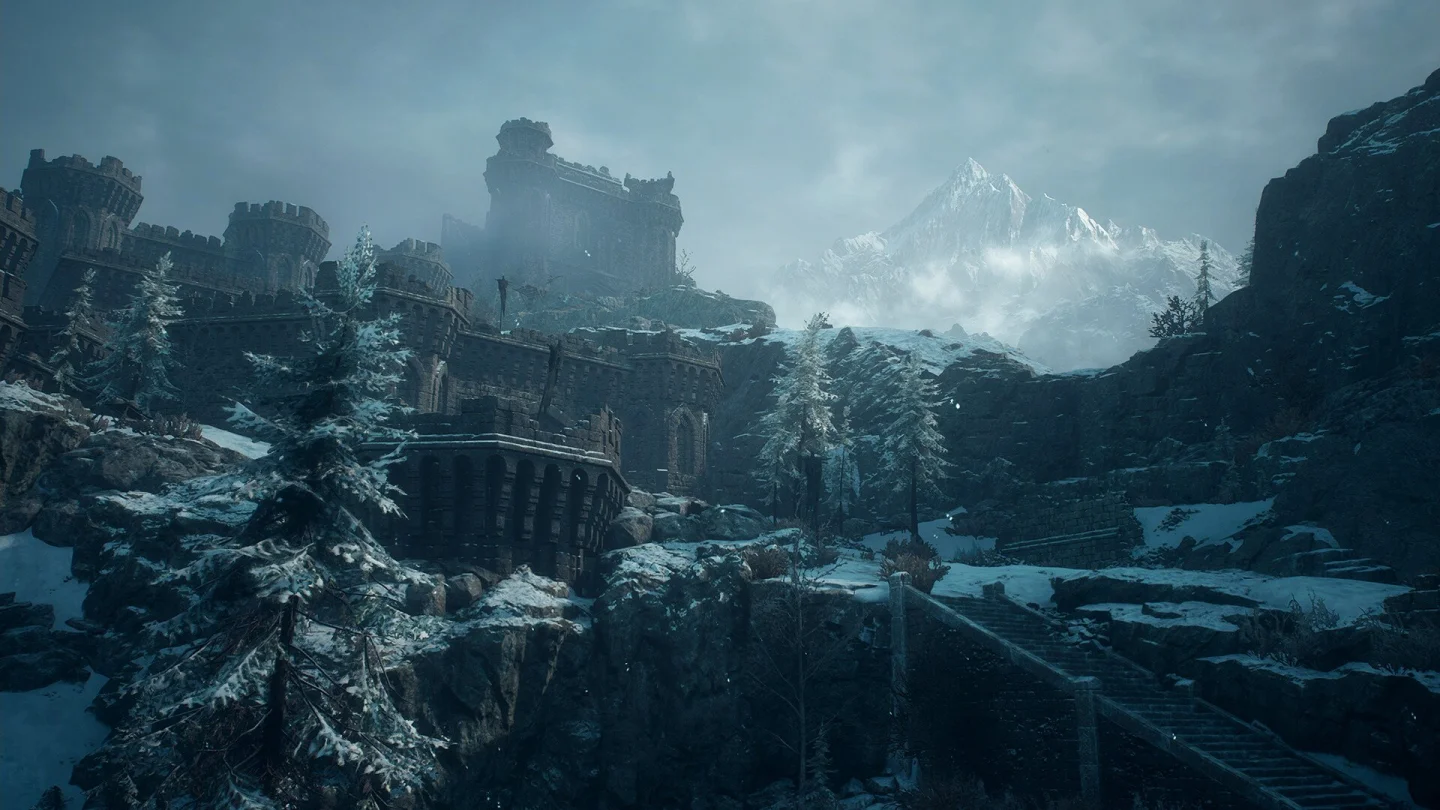 Dragon's Dogma 2: Dark Arisen'daki karlı Norgan bölgesinde kalenin görünümü