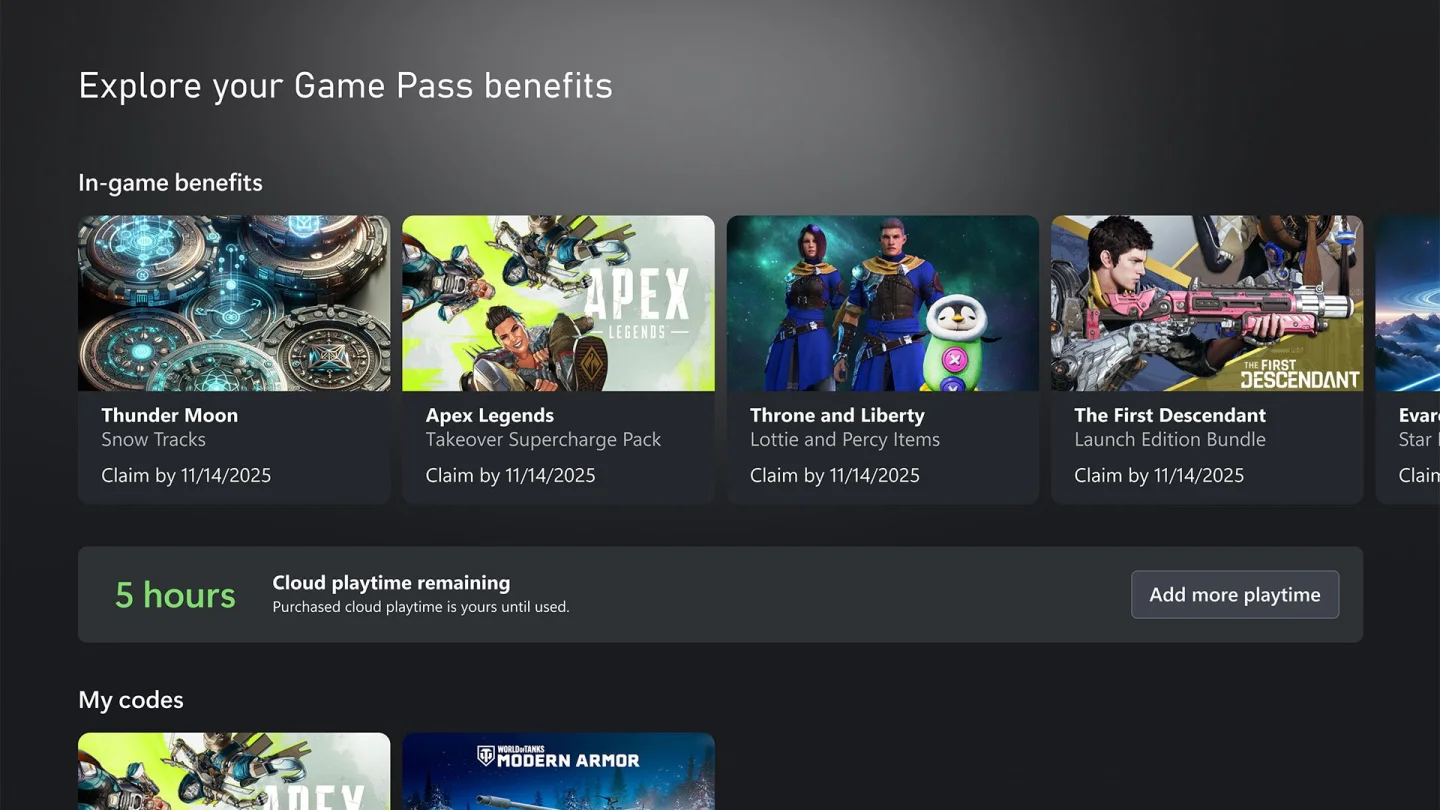 Game Pass arayüzünde kalan bulut oyun süresi ekranı
