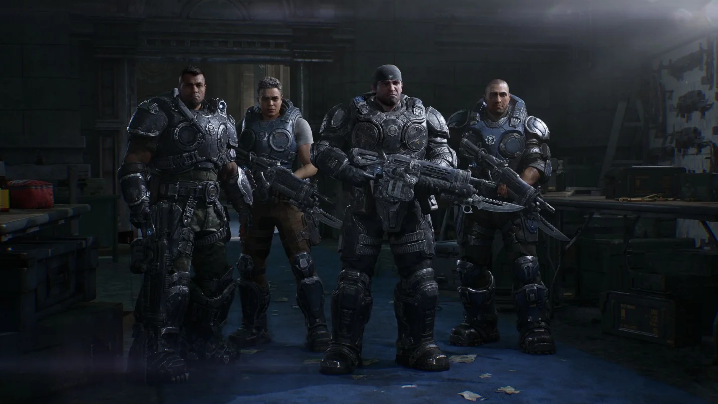 Gears of War: E-Day Bravo Squad kadrosu silahlarıyla poz veriyor
