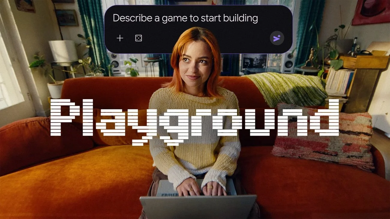Kanepede dizüstü bilgisayarla oyun tarif eden kadın ve Google Playground logosu