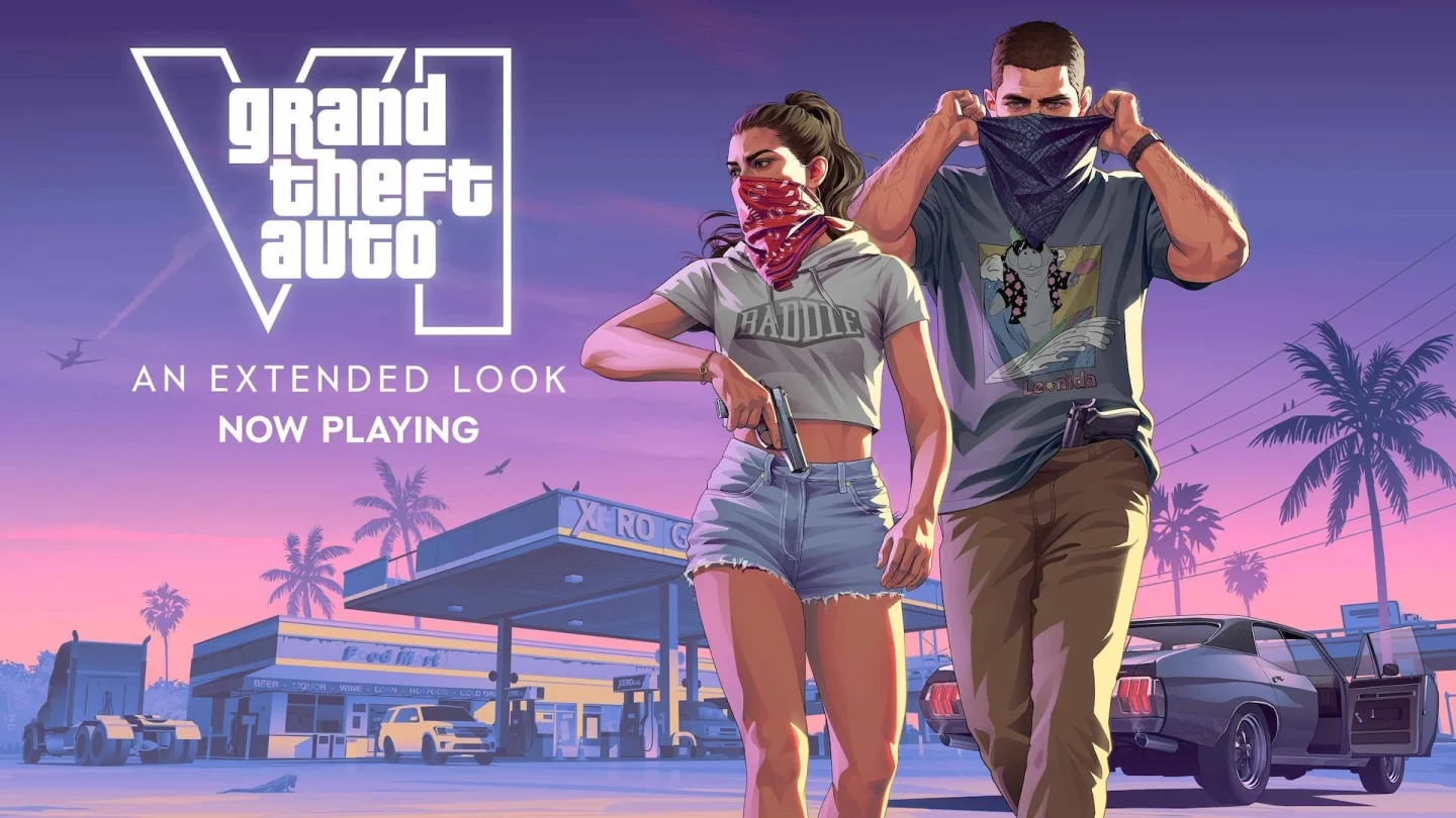 GTA 6 Extended Look resmi görseli: bandanalı Lucia ve Jason bir benzin istasyonunun önünde