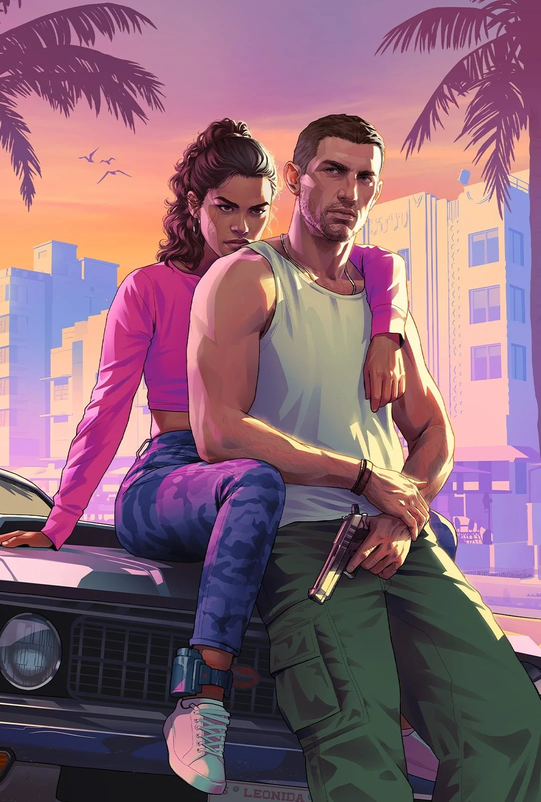 GTA 6 resmi çizimi: Jason ve Lucia gün batımında Vice City sokağında