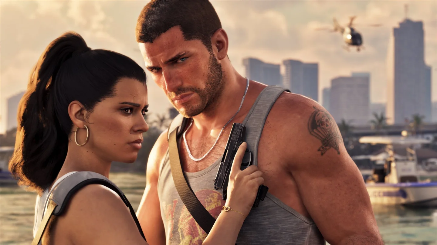 GTA 6 kahramanları Jason Duval ve Lucia Caminos, arkada Vice City silueti