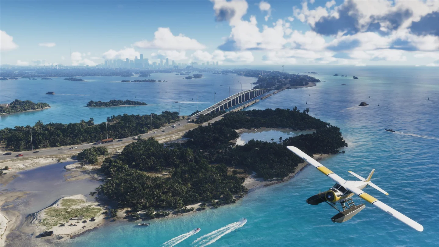 GTA 6'nın Leonida Keys bölgesinin havadan görünümü: adalar, köprü ve deniz uçağı