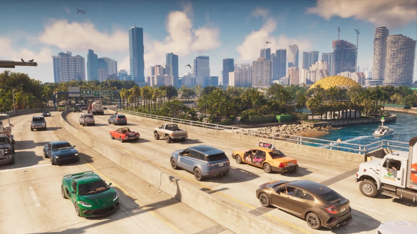 GTA 6 yeni ekran görüntüsü: Vice City silüetine uzanan yoğun otoyol