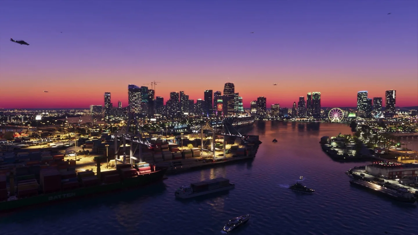 GTA 6'da Vice City'nin gün batımında liman ve gökdelen manzarası