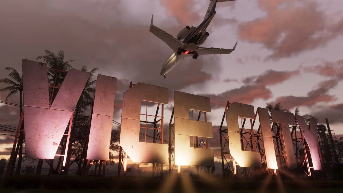 GTA 6'dan Vice City tabelası ve üzerinden alçak uçuş yapan bir uçak