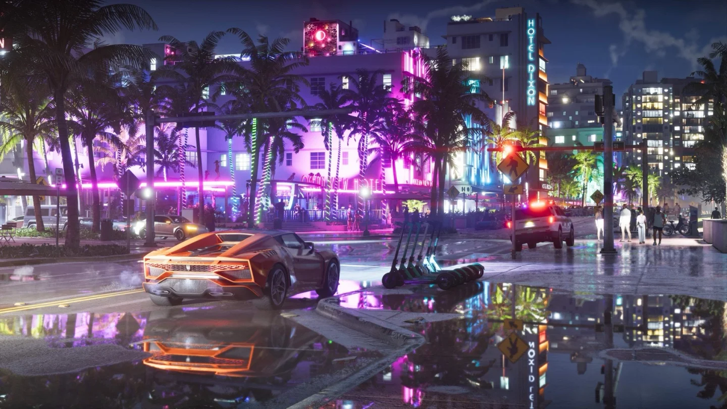 GTA 6 yeni ekran görüntüsü: gece neon ışıklı Vice City sokağı