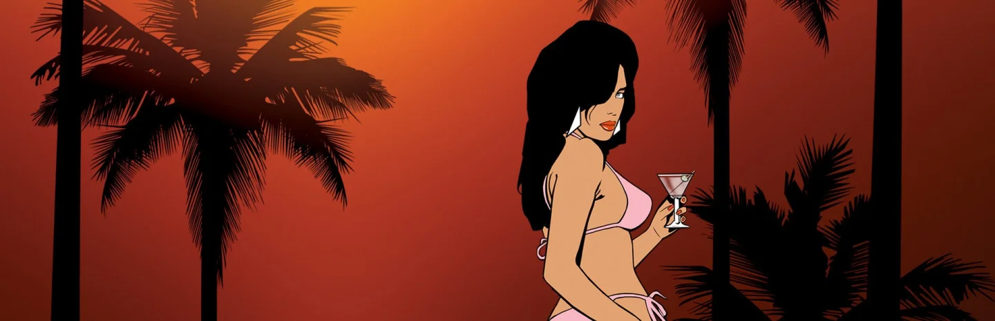 GTA Vice City resmi çizimi, palmiye ağaçları ve kokteyl tutan karakter