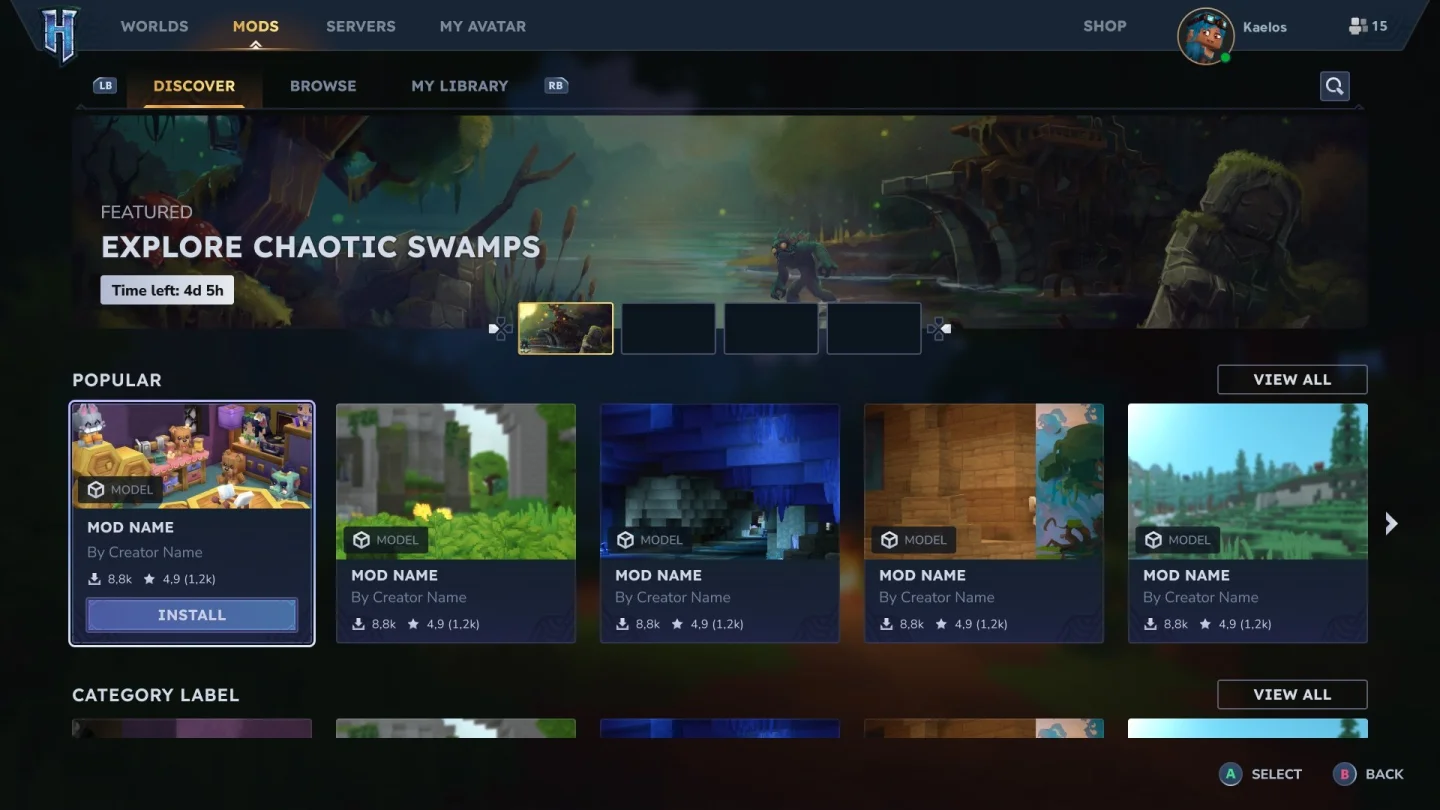 Hytale oyun içi Mod Browser ekranının ilk tasarımı