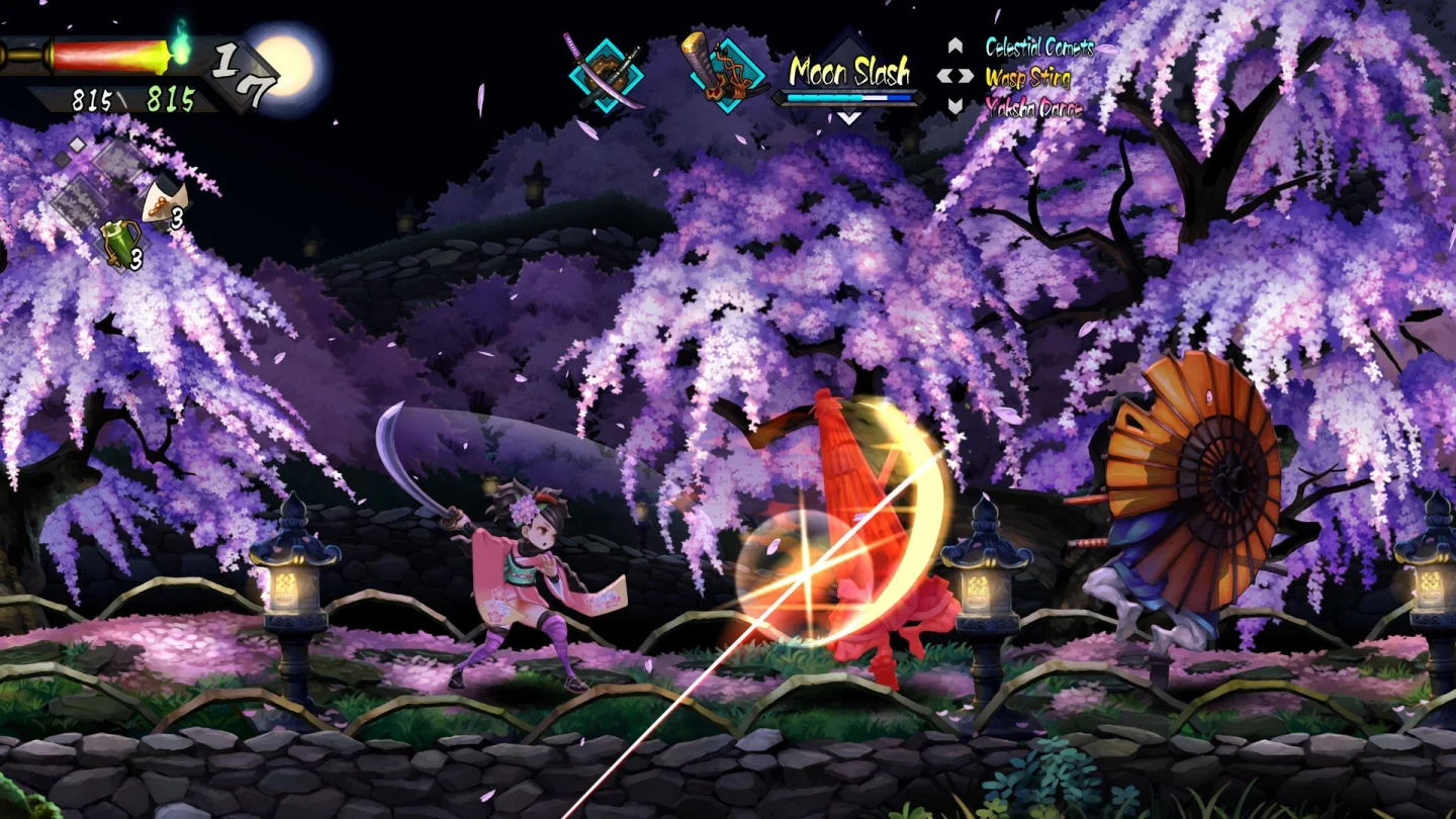 Muramasa: Revenant Blades'te Momohime kiraz çiçekleri altında savaşıyor