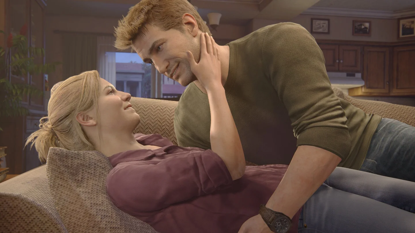 Nathan Drake ve Elena Fisher Uncharted 4'te bir kanepede birlikte