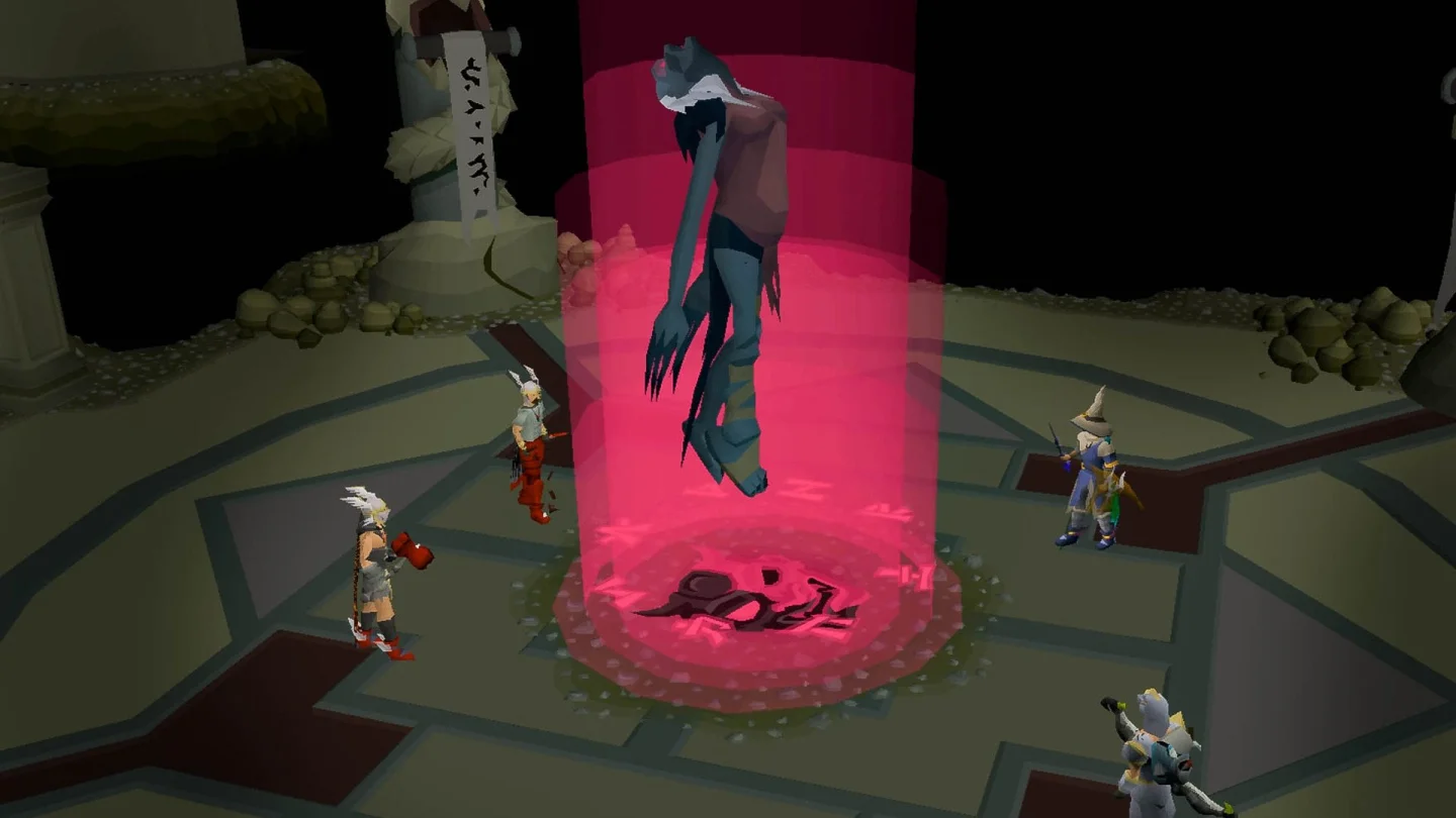 Old School RuneScape'te kırmızı ışık sütunu içinde yükselen boss ve etrafındaki oyuncular