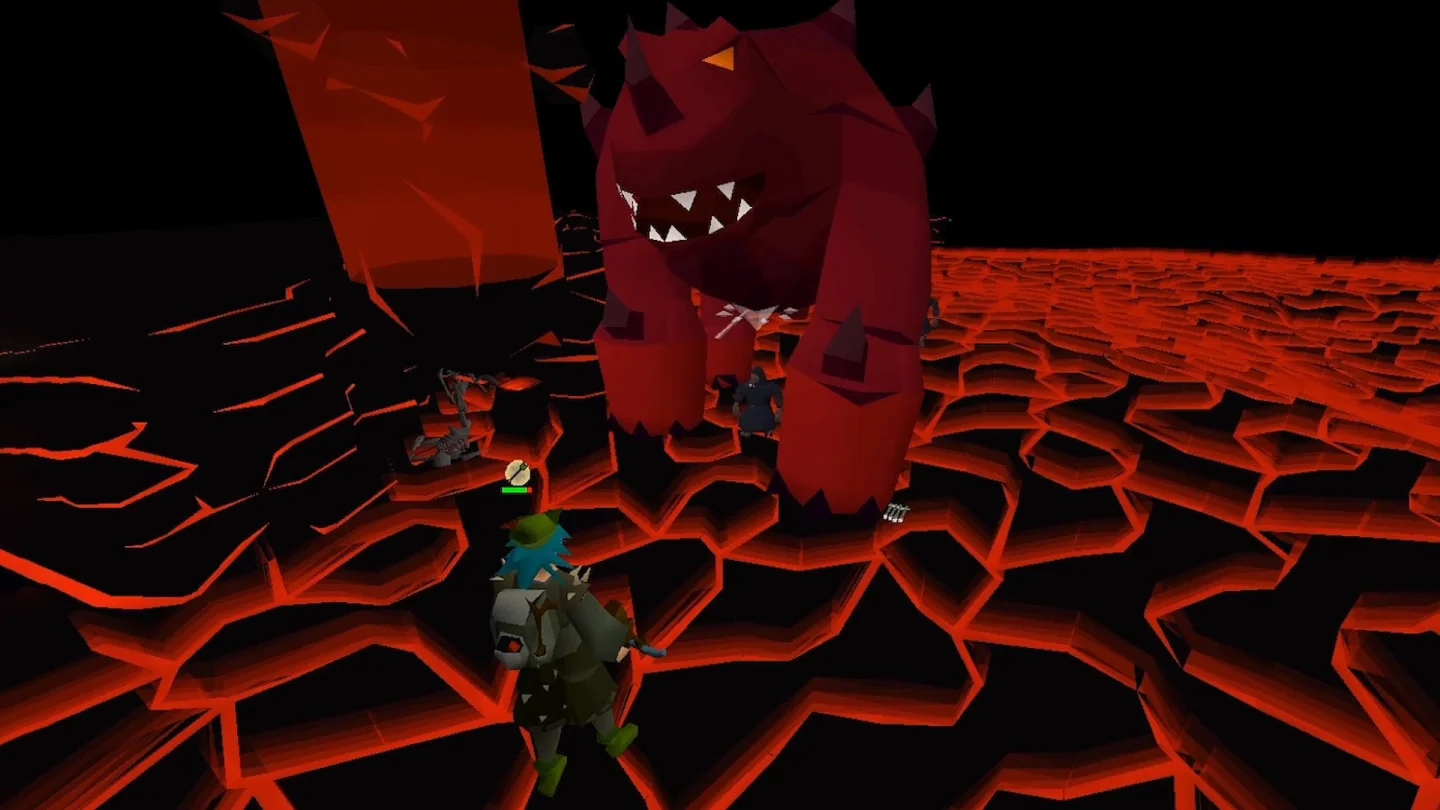 Old School RuneScape'te lav zeminli arenada dev kırmızı yaratığa karşı savaşan oyuncu