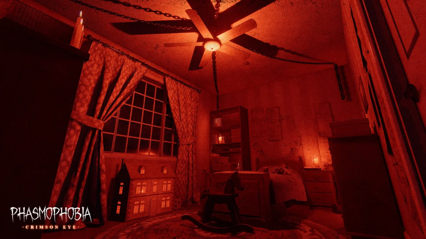 Phasmophobia Crimson Eye etkinliğinde kırmızı ışıkla aydınlanan çocuk odası