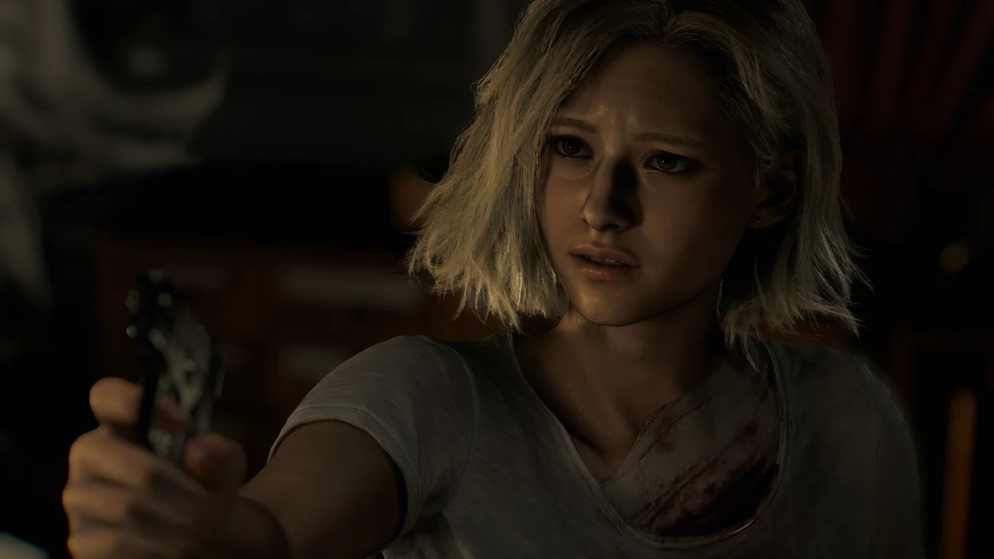 Grace Ashcroft elinde silahla Resident Evil Requiem'de karanlık bir odada