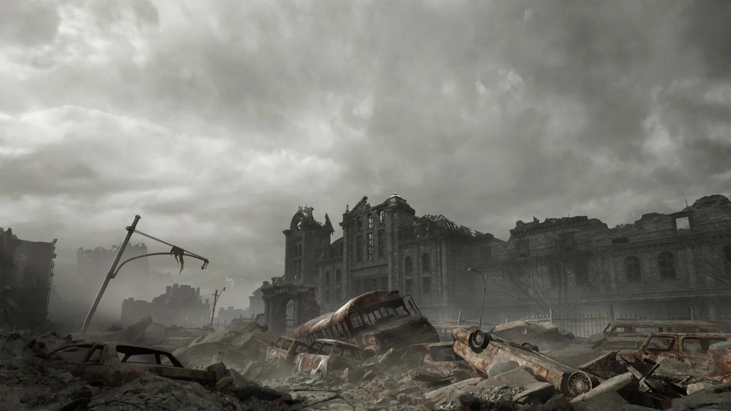 Resident Evil Requiem'de yıkılmış binalar ve yanmış araçlarla dolu şehir manzarası