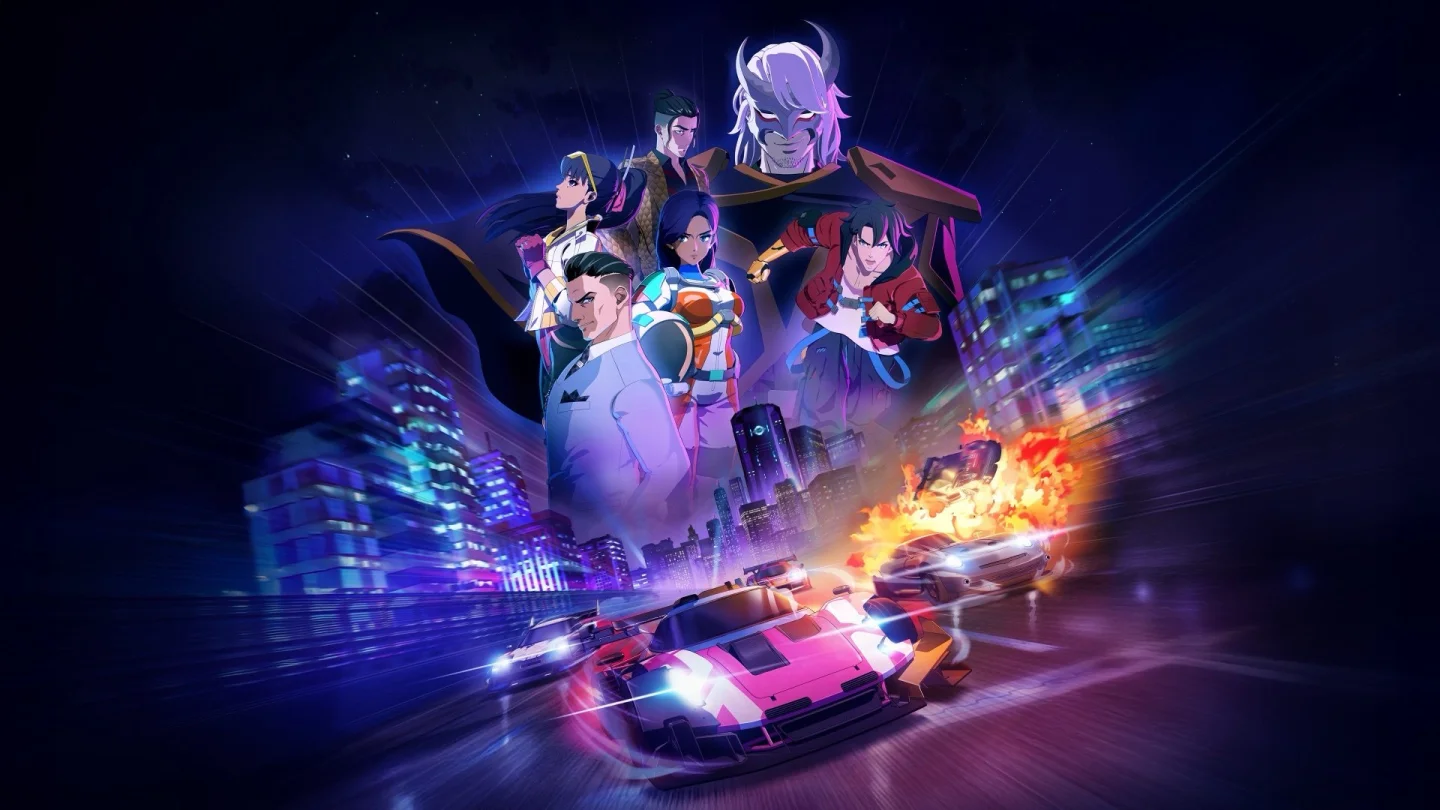Screamer ana görseli, anime karakterler ve neon şehirde yarışan arabalar