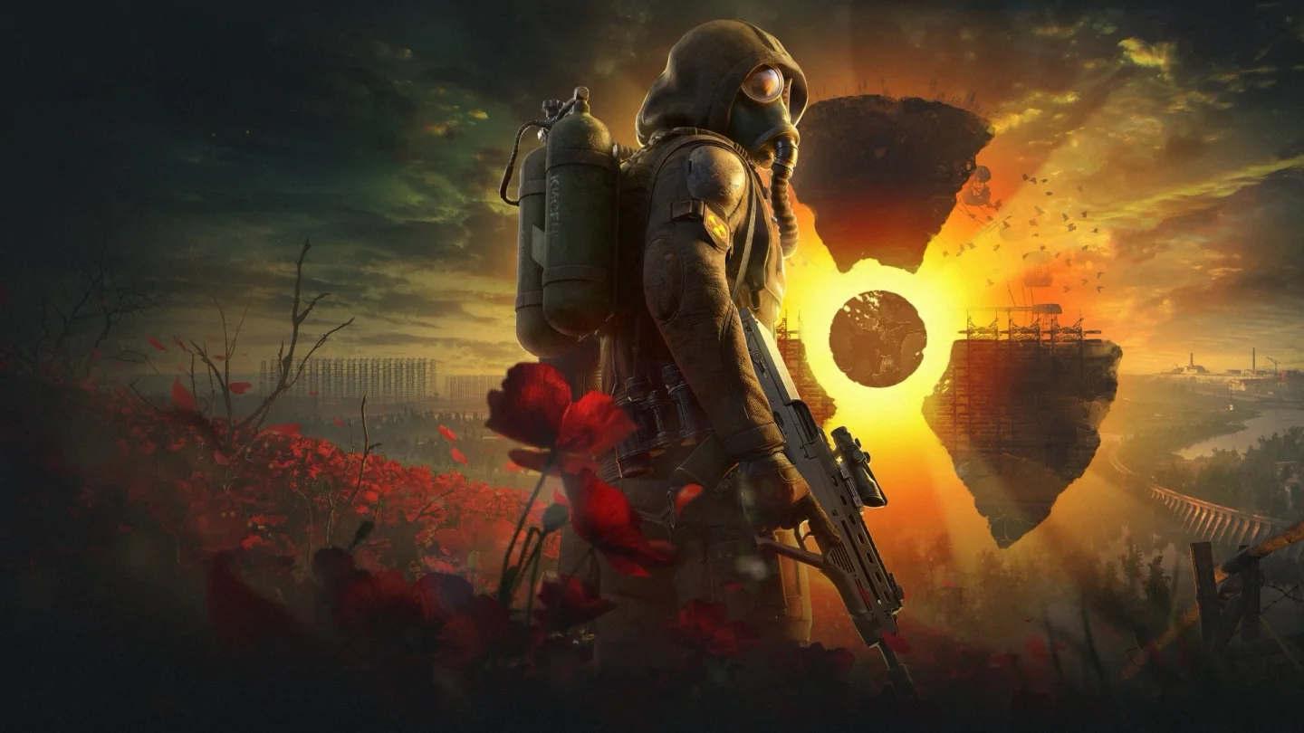 S.T.A.L.K.E.R. 2 ana görseli, gaz maskeli stalker ve gökyüzündeki anomali