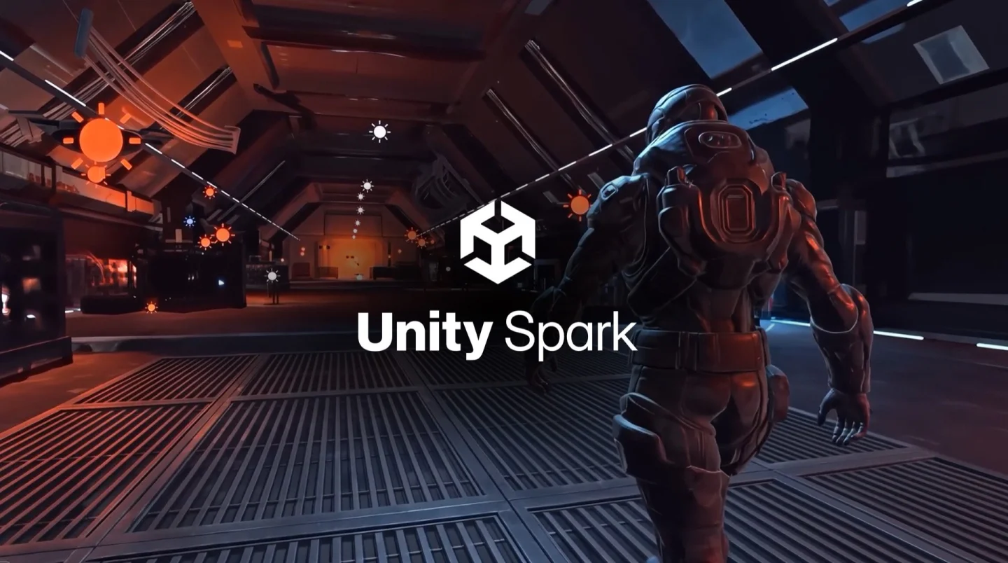 Unity Spark ile yapılmış bilim kurgu koridorunda zırhlı karakter