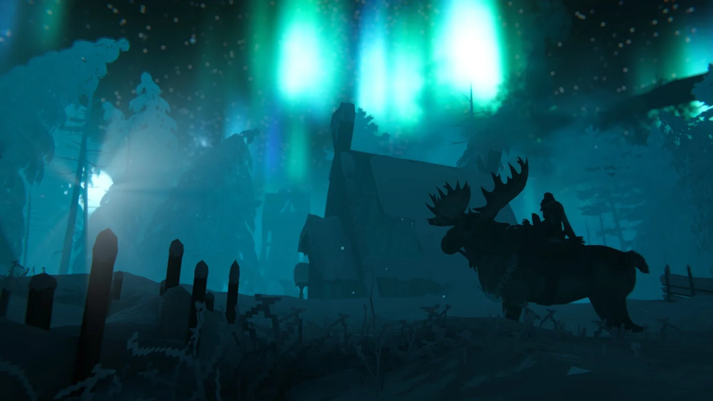 Valheim Deep North biyomunda kuzey ışıkları altında geyiğe binen Viking
